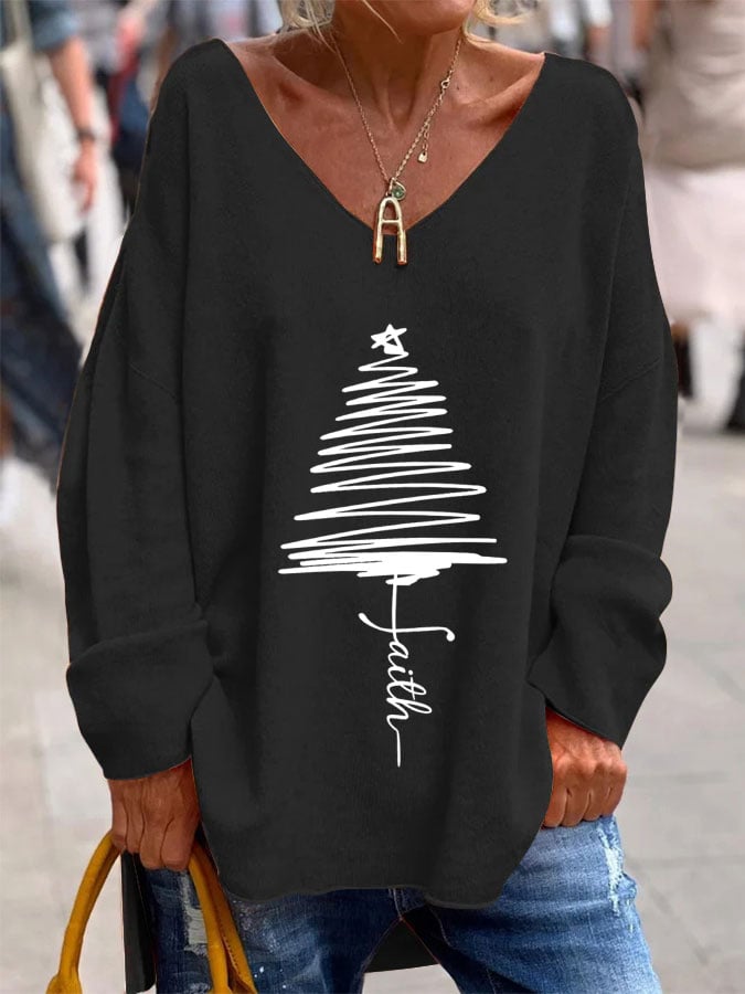Women's Christmas tree faith French cashmere V-neck top