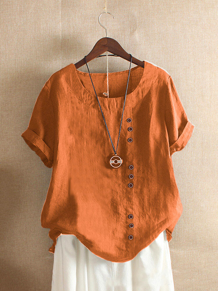 Women's 2023 Spring-Summer Casual Short Sleeve Tunic Tops Ruffle Button Loose Blouse T-Shirts