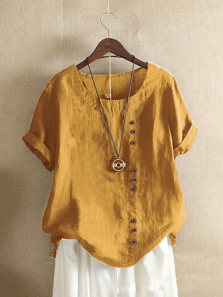 Women's 2023 Spring-Summer Casual Short Sleeve Tunic Tops Ruffle Button Loose Blouse T-Shirts