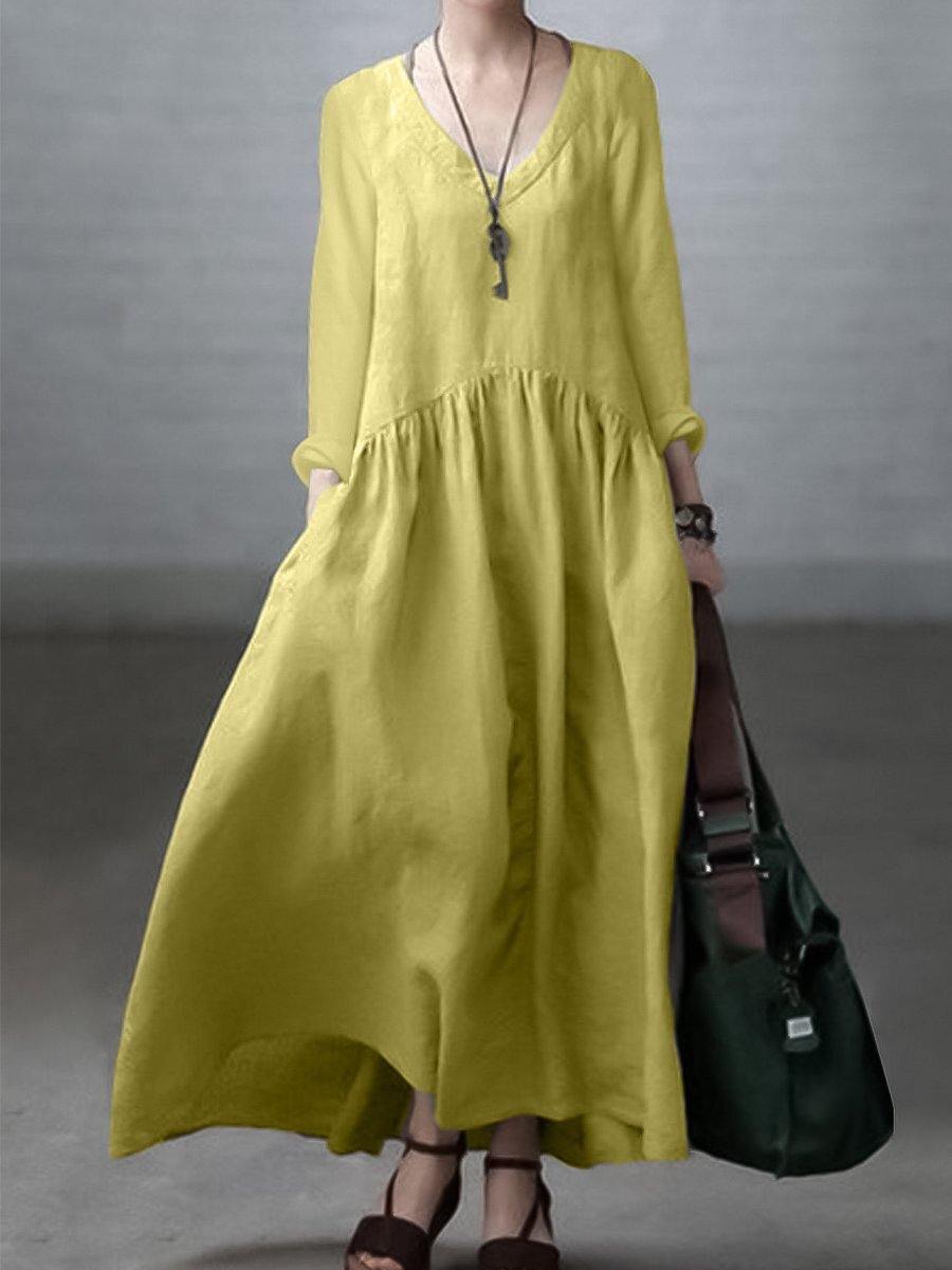 Light green Simple and Loose V-neck Cotton and Linen Dress