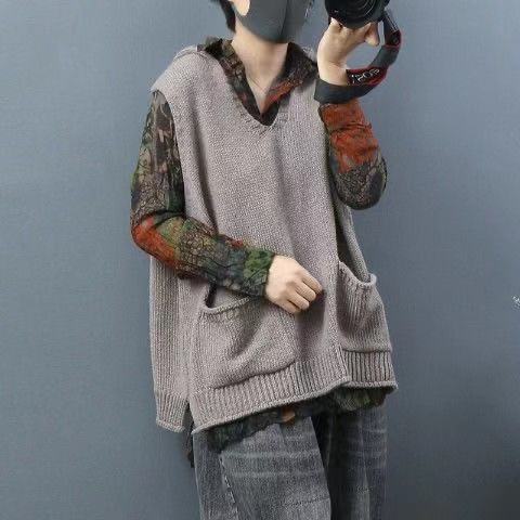2021 New Loose Large Size Literary Hooded Knit Waistcoat Sweater Coat
