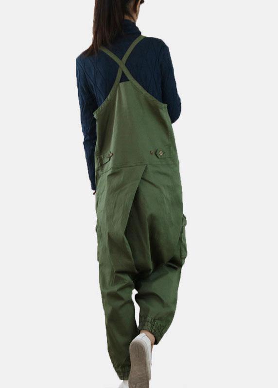 Handmade Green Casual Pockets Button Fall Cotton Romper Outfit
