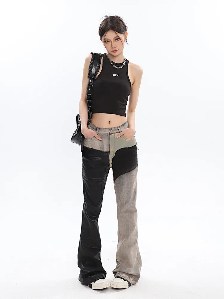 Black and Washed Denim Retro Twist Irregular Jeans