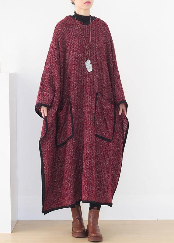 Luxury burgundy woolen outwear oversize hooded large hem long outwear