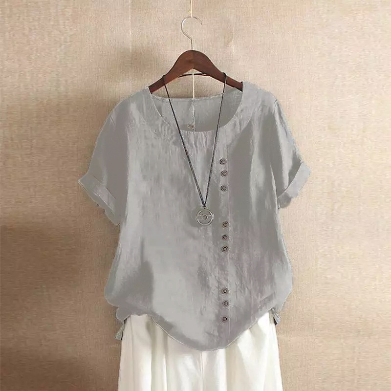 Women's 2023 Spring-Summer Casual Short Sleeve Tunic Tops Ruffle Button Loose Blouse T-Shirts