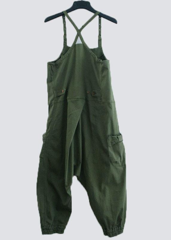 Handmade Green Casual Pockets Button Fall Cotton Romper Outfit