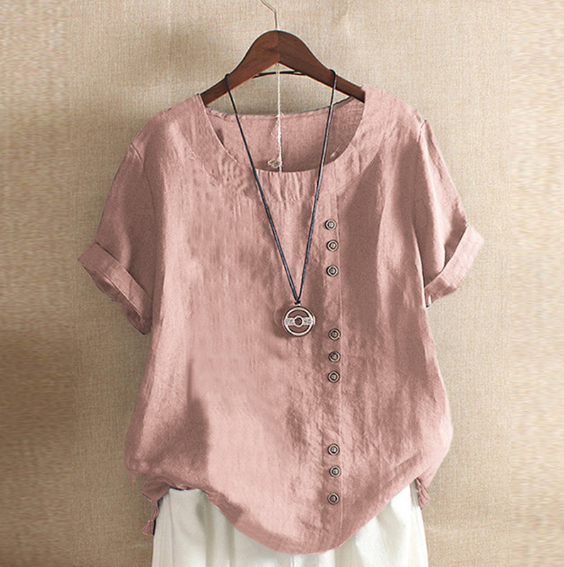 Women's 2023 Spring-Summer Casual Short Sleeve Tunic Tops Ruffle Button Loose Blouse T-Shirts