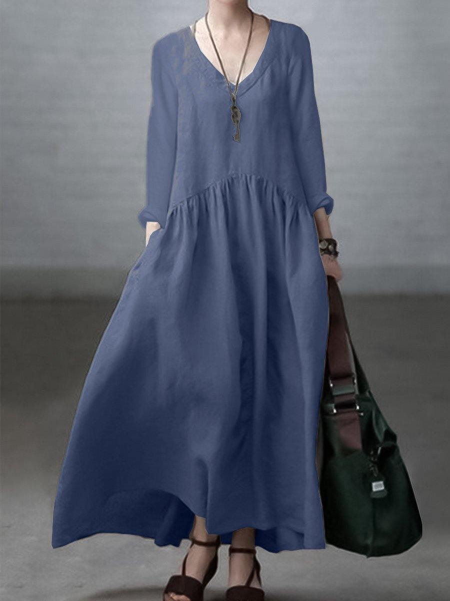 Light green Simple and Loose V-neck Cotton and Linen Dress