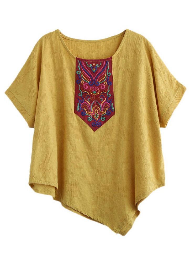 Italian Yellow Retro Embroideried Summer Shirt Short Sleeve
