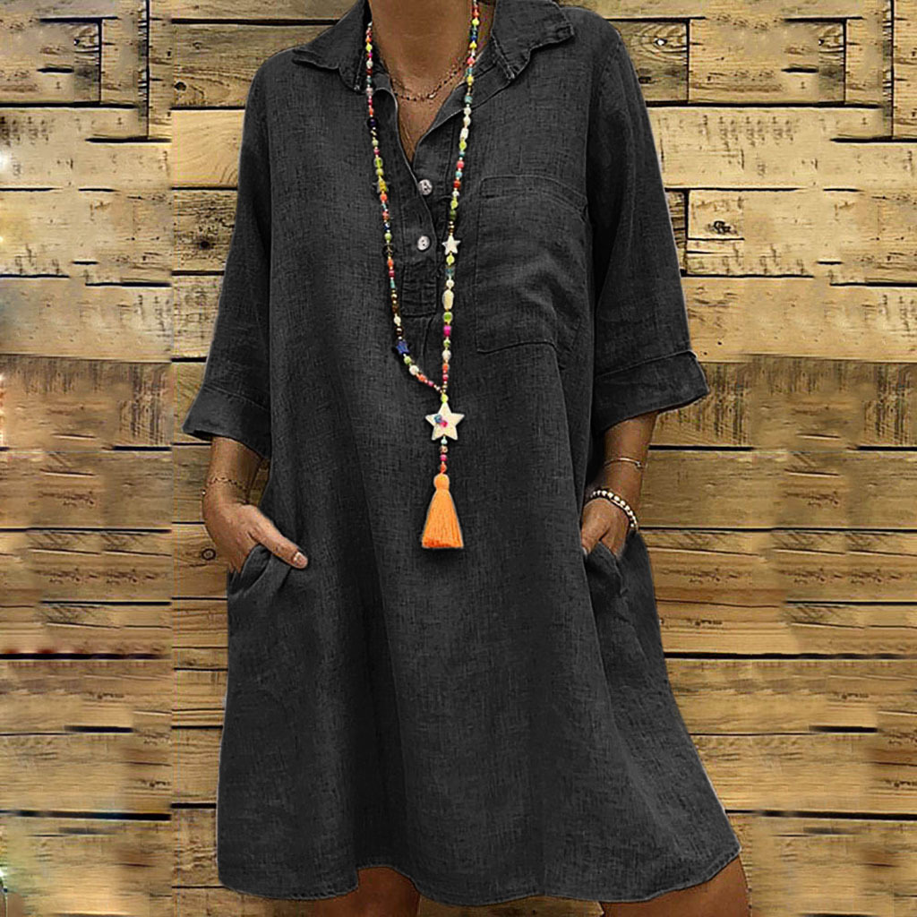 Women's Loose Three Quarter Sleeve Shirt Collar Dress