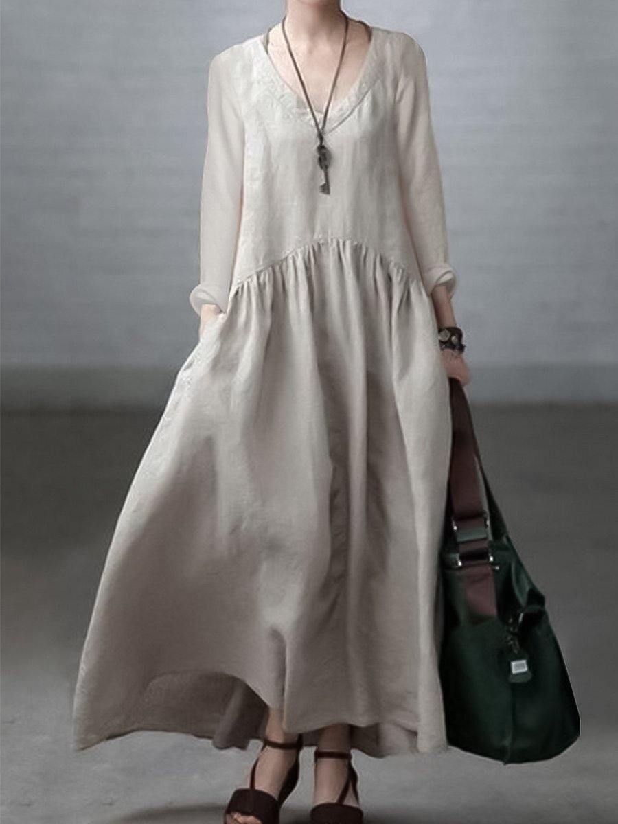 Light green Simple and Loose V-neck Cotton and Linen Dress