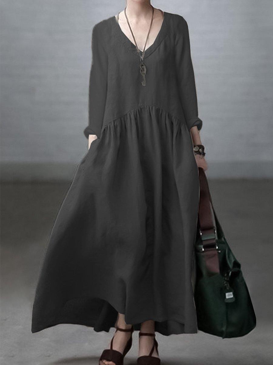 Light green Simple and Loose V-neck Cotton and Linen Dress