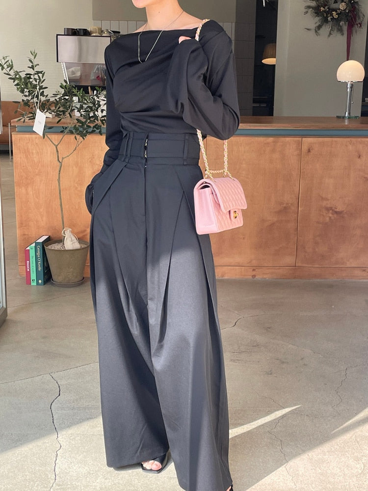 Daily Elegant Pleats Women's High Waist Wide Leg Trousers
