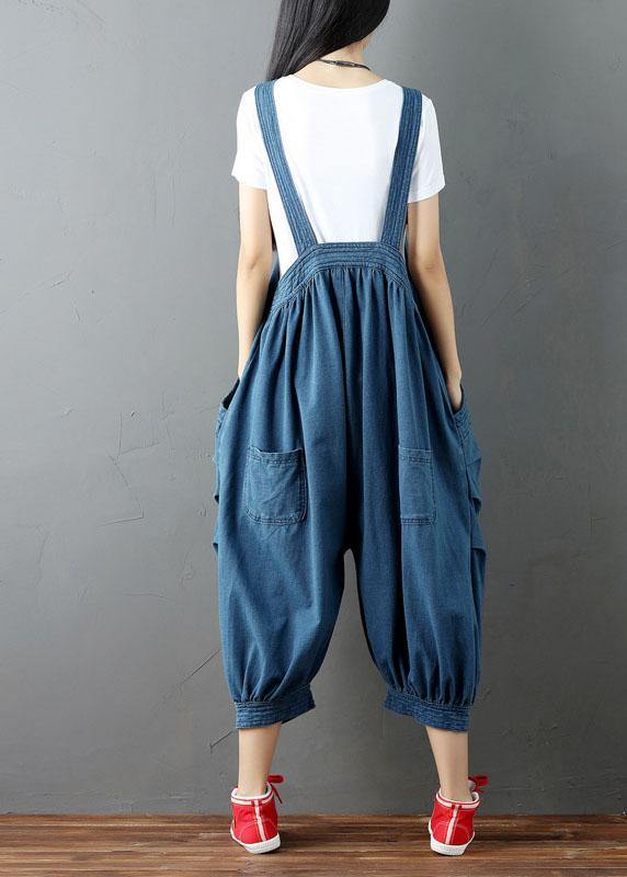Women Blue Pockets Button Fall Casual Cotton Romper